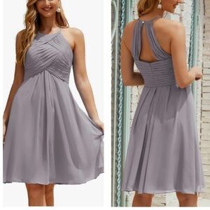 JJs House Dusty Lavender Halter Chiffon Knee-Length Bridesmaid Dress